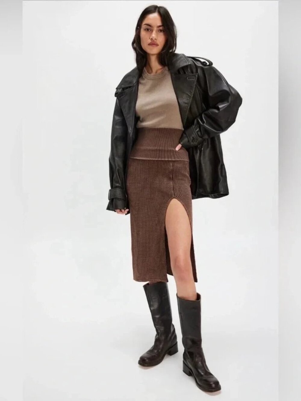 Free People FP One Pari Midi Skirt Pull On Textured Waistband Brown Knit S